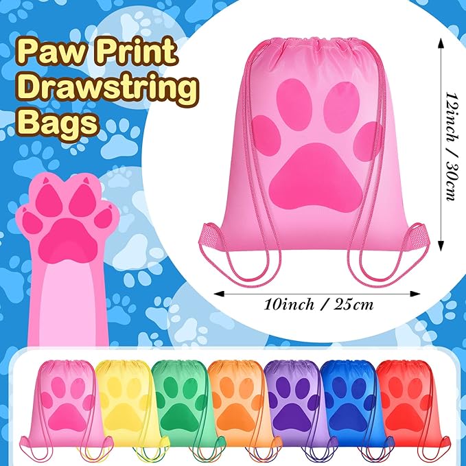 Yerliker 14 Pieces Paw Print Drawstring Bags Cute Paw Print Bags Bulk Reusable Dog Themed Party Favor Backpack Set Puppy Themed Drawstring Goodie Backpack with String for Birthday Gift Supplies
