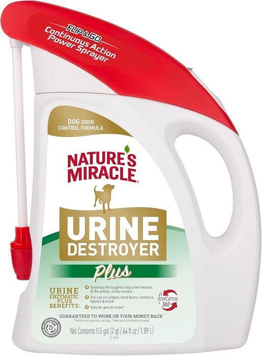 Nature's Miracle Urine Destroyer Plus for Dogs with Flip & Go Sprayer, 64 Ounces, Enzymatic Formula for Dogs Powers Out Tough Dog Urine Messes and Yellow, Sticky Residue