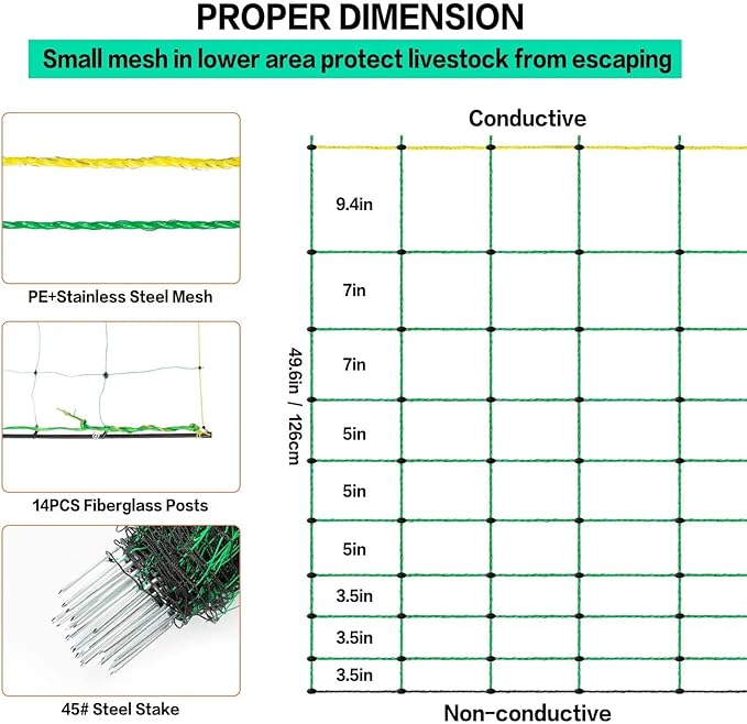 Electric Fence Netting, 49.6" H x 164' L, PE Net Fencing Kit with 14 Posts Double Spiked, Utility Portable Mesh for Sheep Hogs Goats Deer Dogs Lambs Used in Backyards Farms Ranches Patio, Green