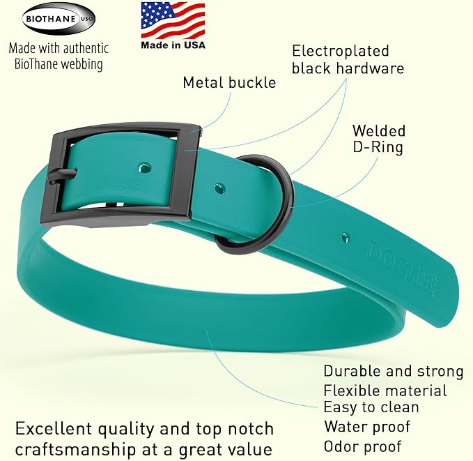 Dogline Biothane Waterproof Dog Collar Strong Coated Nylon Webbing with Black Hardware Odor- Proof for Easy Care Easy to Clean High Performance Fits Small Medium or Large Dogs, Blue Aqua