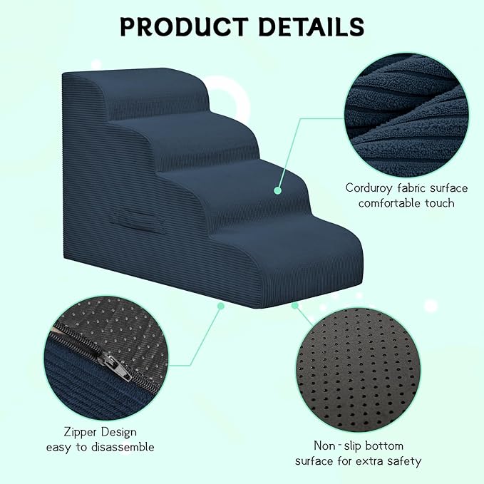 Dog Steps for Small Dogs, 3-Step Pet Ramp Stairs for High Beds and Sofa, Non-Slip Pet Stairs for Small Dogs and Cats, Removable and Easy to Clean Cover, Navy