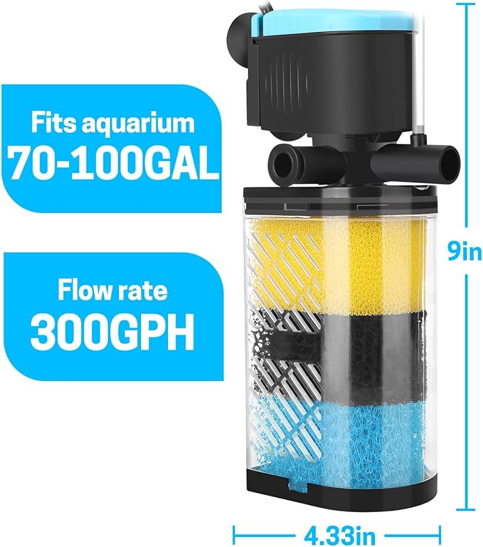 AquaMiracle Aquarium Filter 3-Stage in-Tank Filter Internal Fish Tank Filter Turtle Filter for 70-100 Gallon Fish Tanks with Dual Water Outlet & Aeration