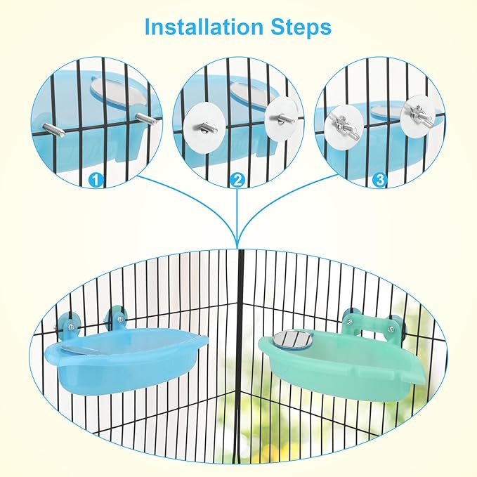 Wontee Bird Bath Box with Mirror Portable Parrot Hanging Bathroom Bathing Tub for Small Birds Cleaning Supplies (Blue(A)+Green)