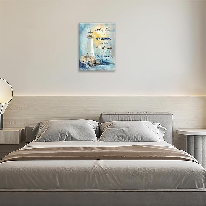 Ocean Lighthouse Pictures Wall Art, Coastal Nautical Bathroom Wall Decor Every Day is a New Beginning Motivational Quote Framed Painting Canvas Artwork for Bedroom Living Room Decorations 20"L x 16"W