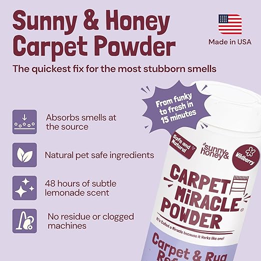 Sunny & Honey Carpet Freshener Powder - 20 Oz Pack, Wildberry Scent - Carpet Deodorizer Powder & Odor Eliminator for Upholstery, Furniture & Rugs, Kid & Pet Safe