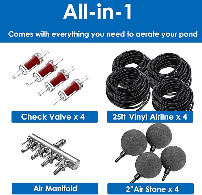 AquaMiracle All-in-One Koi Pond Aerator for Outdoor Ponds up to 3000 Gallons, Pond Air Pump Pond Aeration System with 4-Outlet Manifold Airline Tubing Air Stones Check Valves