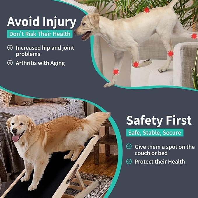 Dog Ramp, Adjustable Height Wooden Folding Pet Ramp for Bed, Couch,SUV-High Traction, Portable Paw Ramps for Small & Large Old Dogs & Cats - Furniture Quality