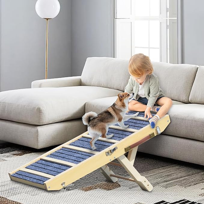 Dog Ramp for Bed, Upgraded 33" Long Portable Dog Ramp for Couch, Wood Folding Pet Ramp for All Breeds Small Old Dogs to Get on Bed, 4 Adjustable Heights 12.9" to 17.7"(Wood, Up to 50lbs)