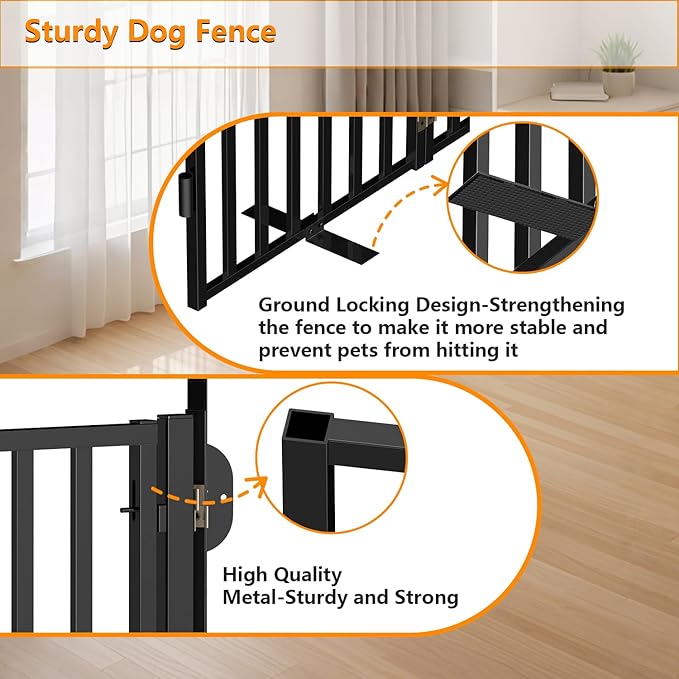 Free Standing Dog Gate with Door for Indoor Outdoor, Portable Dog Fence Foldable Design, Metal Black 32" Tall, Expandable 4 Panels Use for Front Door, Yard, Stairs
