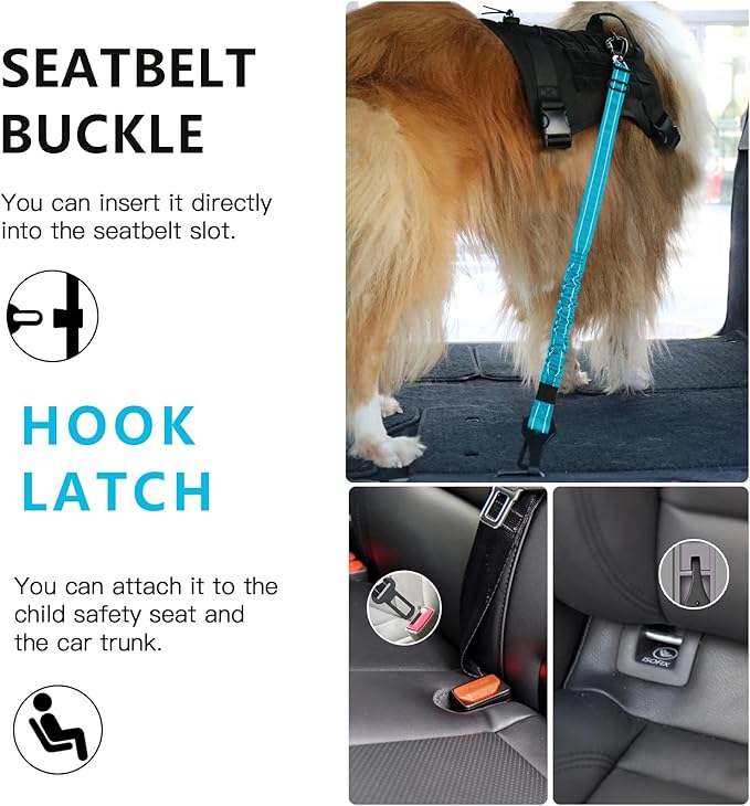 AUBELL Dog Seat Belt for Car,Updated 3-in-1 Adjustable Reflective Bungee Heavy Duty Dog Car Harness Tether with Clip Hook Latch & Buckle,Swivel Zinc Alloy Carabiner,Blue