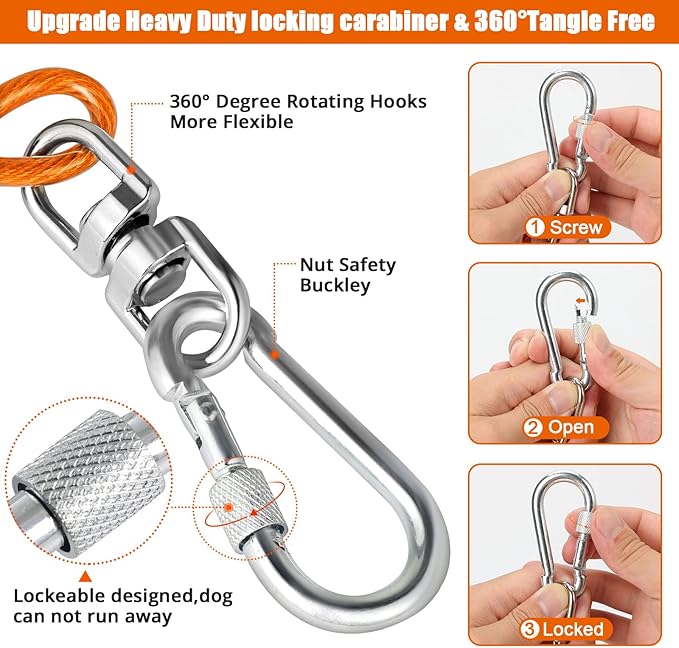 jenico Dog Tie Out Cable - 25ft Dog Lead for Yard - Heavy Duty Dog Chain with Shock Spring - Outdoor Tether Leash for Small Large Dogs Up to 500 lbs