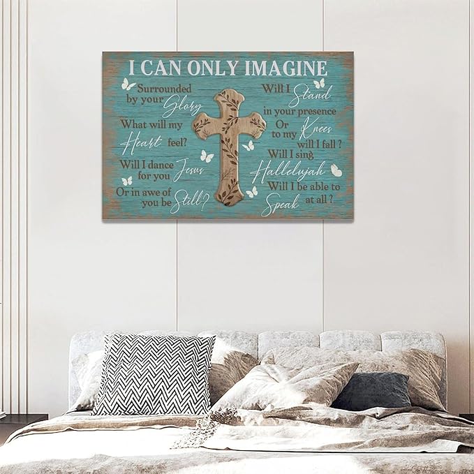 Rustic Christian Cross Wall Art I Can Only Imagine Pictures Farmhouse Butterfly Wall Decor Teal Motivational Canvas Print Painting Artwork for Bathroom Living Room Bedroom 16"x24"