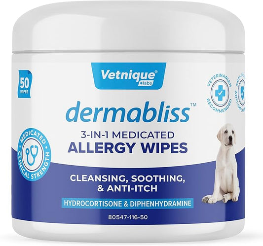 Vetnique Dermabliss 3-in-1 Medicated Dog Wipes - Relief for Itchy Skin, Allergies & Odor Control, Gentle No-Sting Formula, Antihistamine & Hydrocortisone Paw Wipes for Dogs & Cats 50 Count