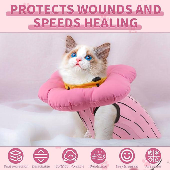 EMUST 2-in-1 Cat Recovery Suit & Cone Collar - Cute Surgical Suit for Abdominal Wounds, Adjustable Soft Flower Collar - Cat Onesie After Surgery, 4-8lb (Pink, M)