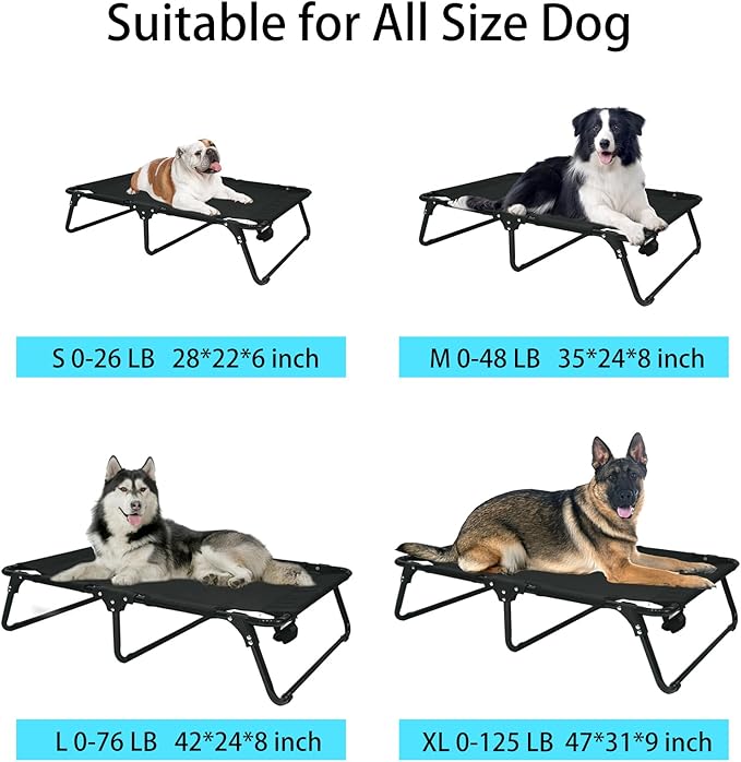 Outdoor Elevated Dog Bed Cooling Raised Dog Cots Black Pet Beds with Breathable Mesh Folding Large Pet Hammock Bed Multiple Sizes for Small Meduim Large Dogs