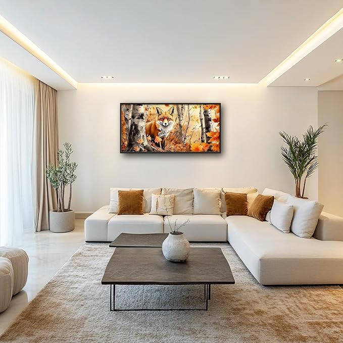 Large Fox Wall Art for Living Room, Framed Oversized Fall Autumn Forest Wall Decor Tree Maple Leaves Canvas Painting Modern Artwork for Living Room Bathroom Bedroom Office Dining Room 60"x30"