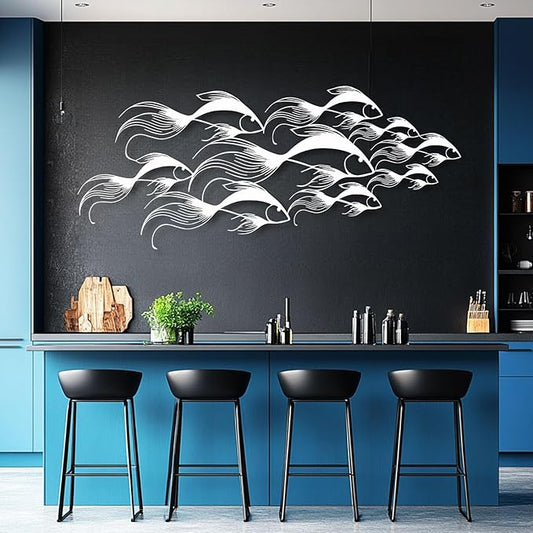 School of Fish Metal Wall Art, Metal Fish Wall Decor, Sea Life Wall Art, Large Nautical Wall Hanging, Modern Beach House Wall Decor, Ocean Themed Artwork for Bathroom (White, 59"x25" | 150x64cm)