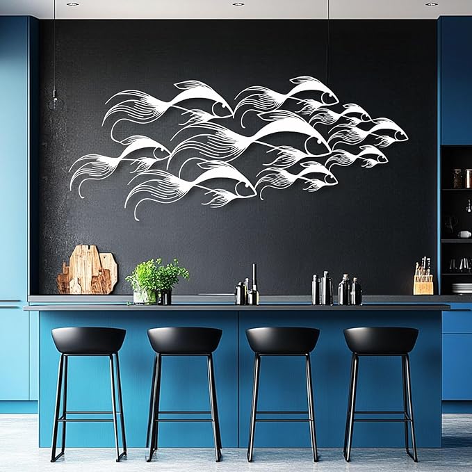 School of Fish Metal Wall Art, Metal Fish Wall Decor, Sea Life Wall Art, Large Nautical Wall Hanging, Modern Beach House Wall Decor, Ocean Themed Artwork for Bathroom (Gold, 30"x12" | 76x32cm)