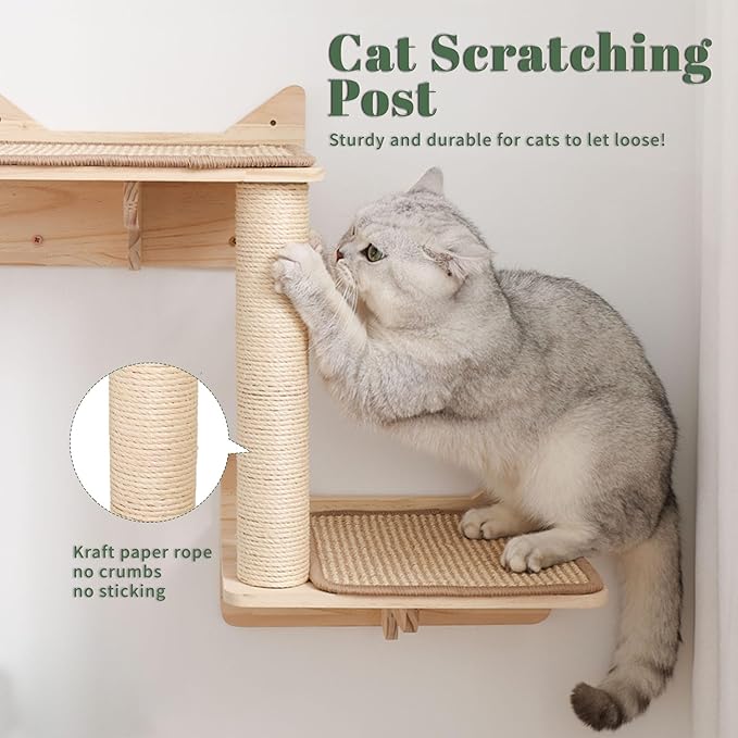Cat Wall Shelves Set – Wall Mounted Cat Furniture with House, Sisal Mat, Scratching Posts & Perches – Indoor Climbing Shelves for Large Cats