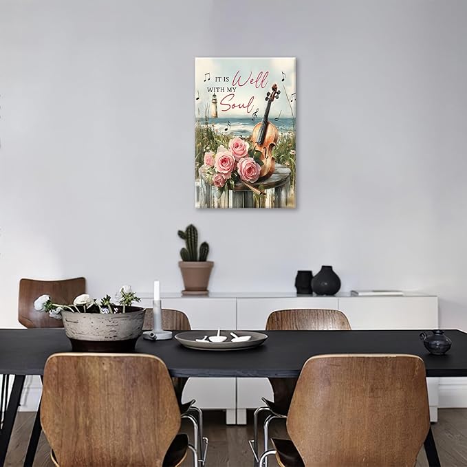 Violin Pictures Wall Art, Music Rustic Country Inspirational Bathroom Wall Decor, Coastal lighthouse Framed Painting Rose Aesthetics Canvas Artwork for Bedroom Living Room Decorations 24"L x 16"W