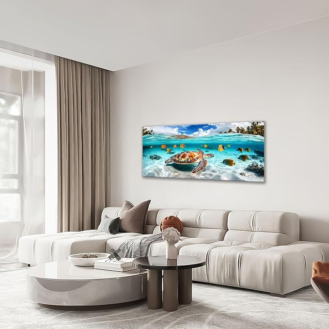 Quorin Sea Turtle Large Wall Art Coastal Undersea Beach Fish Pictures Wall Decor Tropical Island Canvas Print Painting Artwork for Bathroom Living Room Bedroom 30"x60"