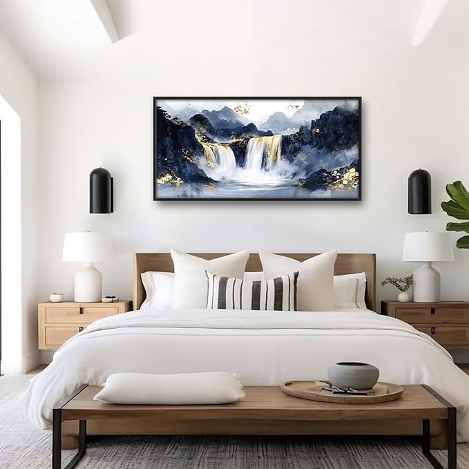 Extra Large Abstract Golden Waterfall Framed Wall Art for Living Room,Oversized Foggy Mountain Pictures Wall Decor,Canvas Print Painting Modern Artwork Bedroom Office Bathroom 60L" x 30W"