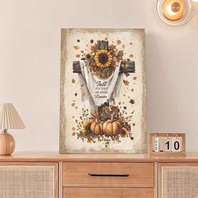 Christian Fall Wall Art Autumn Rustic Cross Sunflower Pumpkin Wall Decor Fall for Jesus He Never Leaves Pictures Painting Print Framed Artwork Decorations Gifts for Living Room Bedroom Prayer Room Office 16"x24"