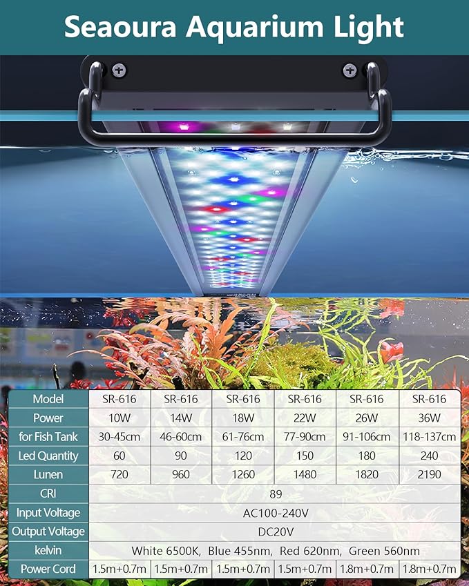 Led Aquarium Light for Plants-Full Spectrum Fish Tank Light with Timer Auto On/Off, 24-30 Inch, Adjustable Brightness, White Blue Red Green Pink LEDs with Extendable Brackets for Freshwater