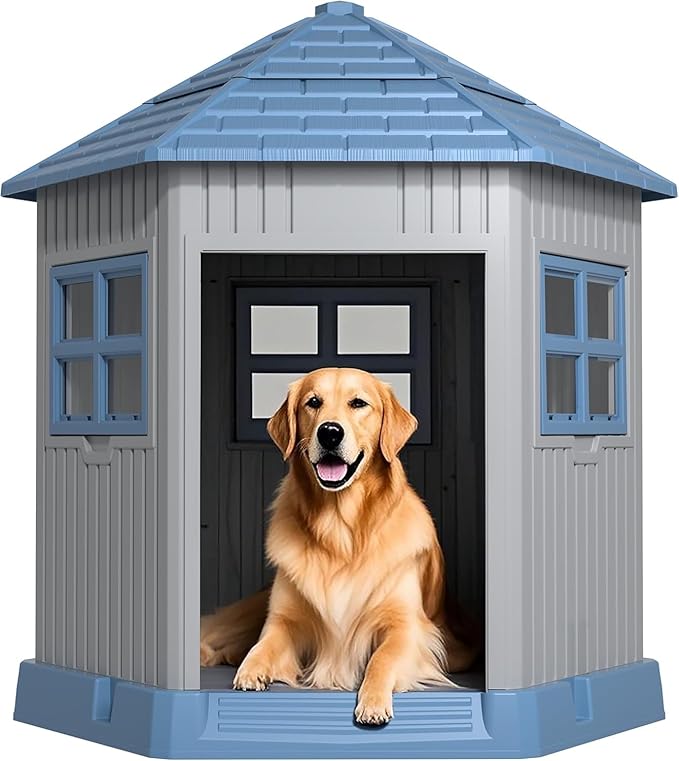 DRATO Dog House Indoor Outdoor Durable Large Dog Shelter with Outside Dog Kennel with Window and Elevated Floor for Small Medium Dogs (Blue, 34.8 * 30.51 * 36.89)