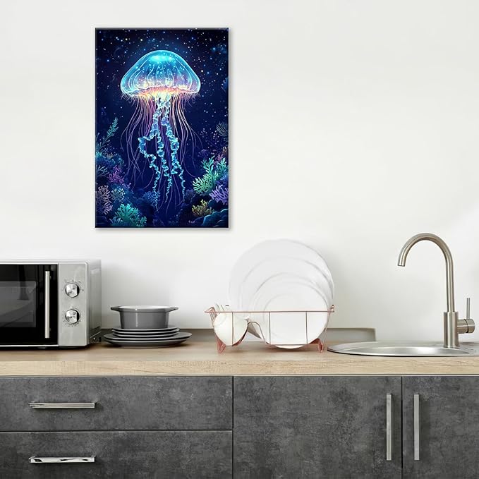 Ocean Jellyfish Wall Art Canvas Coral Fish Wall Decor Prints Framed Painting Underwater Pictures Gifts Artwork for Bathroom Living Dining 16"x24"