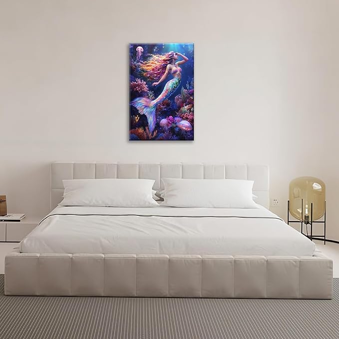 Sea Mermaid Bathroom Pictures Wall Art, Ocean Mermaid Bathroom Wall Decor, Aesthetics Framed Painting Canvas Artwork for Bedroom Living Room Decorations 24"L x 16"W