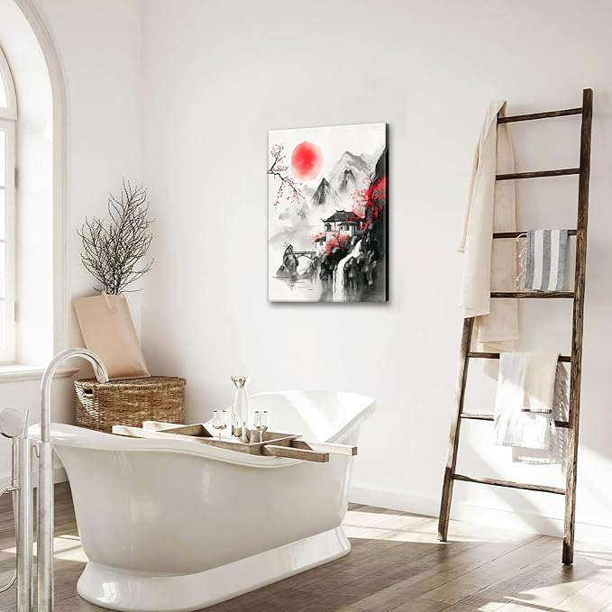 Japanese Wall Art Canvas Asian Nature Wall Decor Prints Framed Painting Mountain Landscape Pictures Gifts Artwork for Bathroom 16"x24"