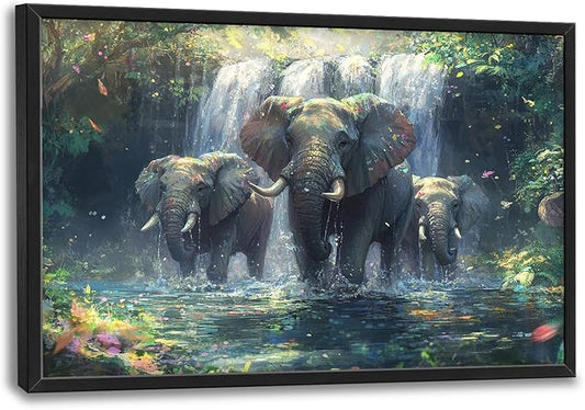 Large Elephant Wall Art for Living Room, Framed Oversized Forest Waterfall Wall Decor, Nature Landscape Canvas Painting Wildlife Artwork for Living Room Dining Room Bathroom Bedroom Office 36"x24"