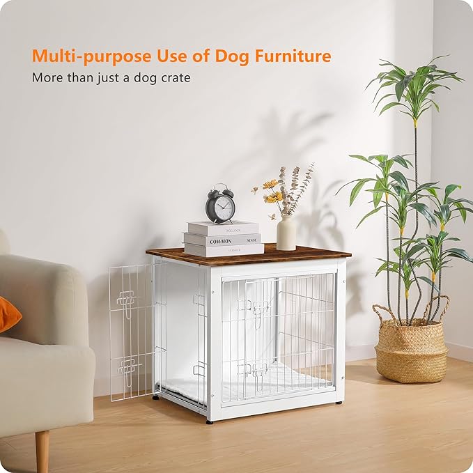 DWANTON Dog Crate Furniture with Cushion, Wooden Kennel Table with Double Doors, Indoor Dog House, Small/Medium/Large Size, 27.2" L, White+Rustic Brown