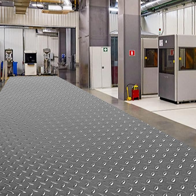 Boshen 7.5Ft x 17Ft Rubber Flooring Mats 1.6mm Diamond Plate Flooring Roll 127.5sqft Rubber Trailer Garage Floor Mats Non-Slip Floor Protector Mat for Garage Warehouse Gym Basement-Gray