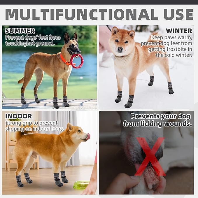KOOLTAIL Dog Socks to Prevent Licking Paws for Hardwood Floors Anti Slip, Winter Warm Dog Boots&Paw Protector with Grippers, Double Sides Dog Shoes Booties for Small Medium Large Senior Dogs