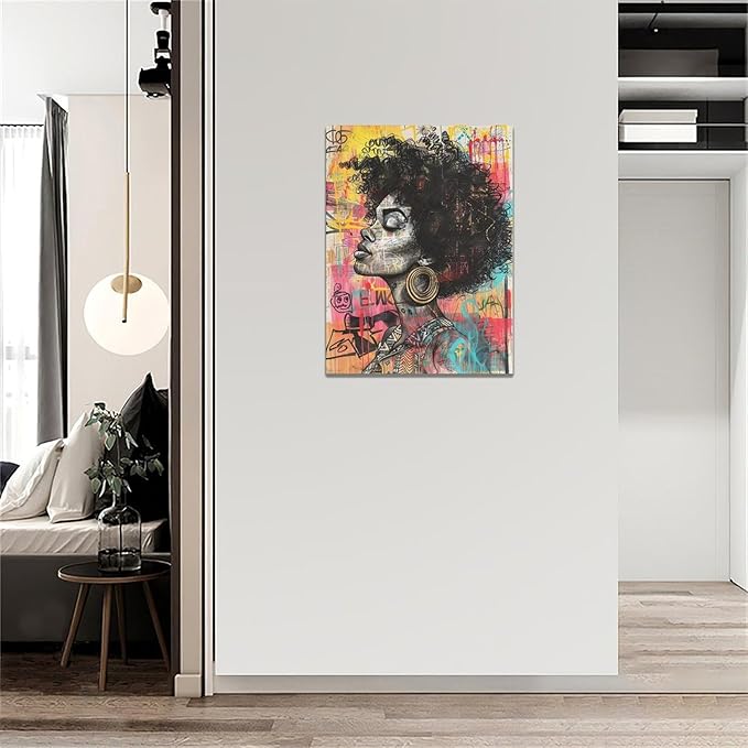 Quorin African American Wall Art Banksy Graffiti Black Woman Pictures Black Girl Wall Decor Canvas Print Painting Artwork for Bathroom Living Room Bedroom 12"x16"