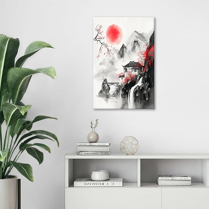 Japanese Wall Art Canvas Asian Nature Wall Decor Prints Framed Painting Mountain Landscape Pictures Gifts Artwork for Bathroom 16"x24"