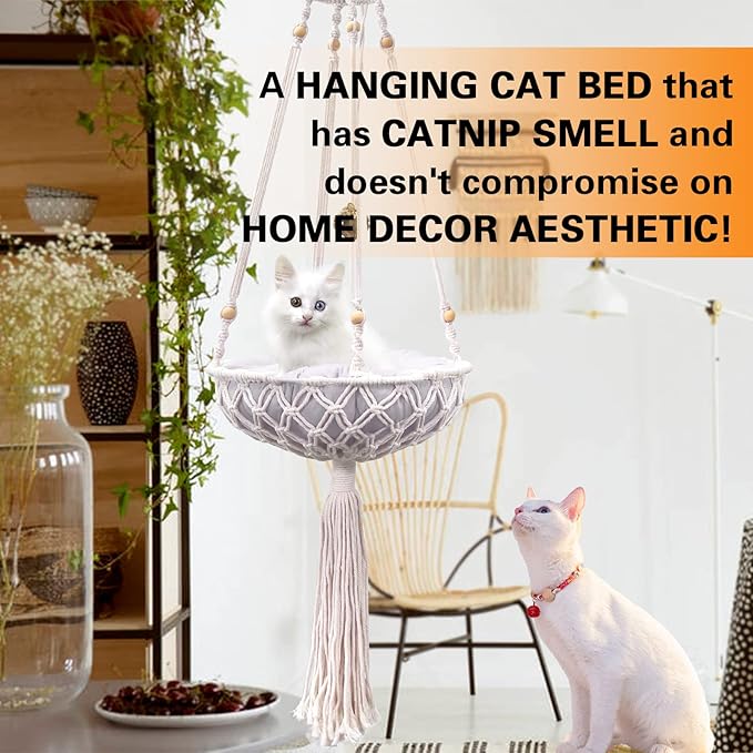 Macrame Hammock, Handwoven Boho Cat Swing with Hanging Kit for Indoor Outdoor Home Decor Hang on Wall Bed for Sleeping, Playing, Climbing and Lounging