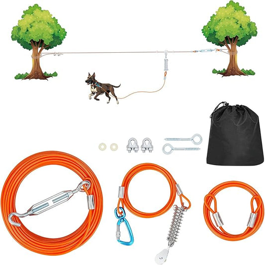 50ft Dog Runner for Yard Large Dog Heavy Duty with Double Shock Absorbers Tangle-Free Aerial Trolley System for Large Dogs Up to 250lbs(Orange)