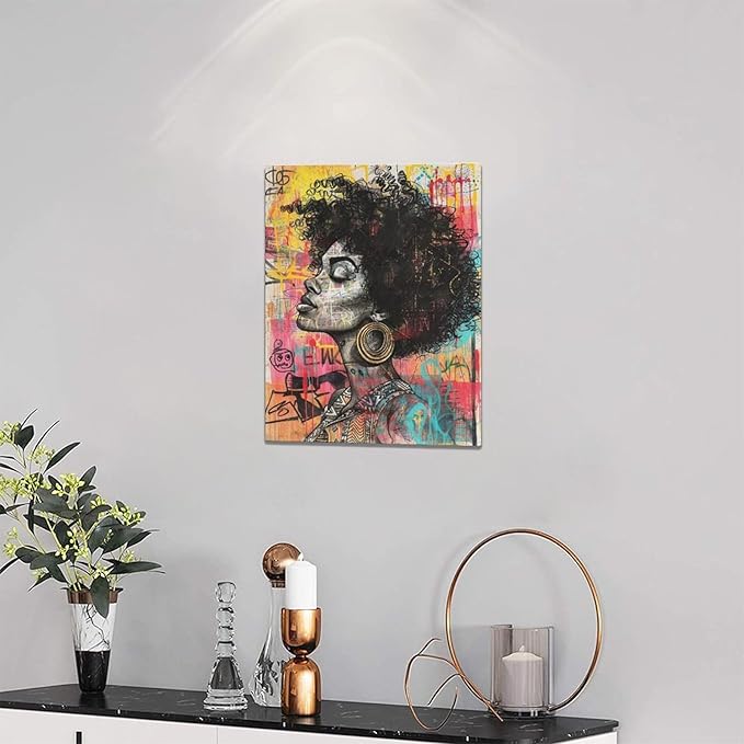 Quorin African American Wall Art Banksy Graffiti Black Woman Pictures Black Girl Wall Decor Canvas Print Painting Artwork for Bathroom Living Room Bedroom 12"x16"