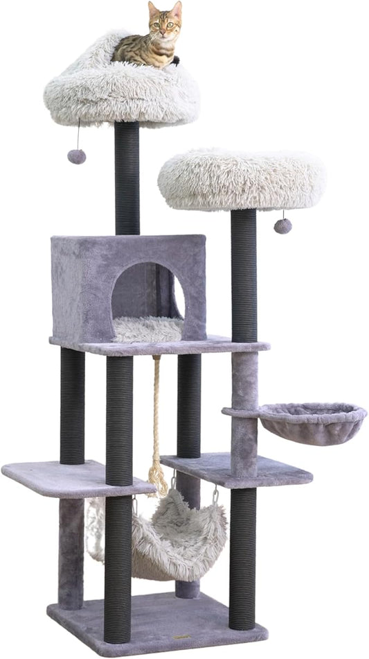 Catry Bradbury 7-Level 62.5” Modern Cat Tree with Replaceable Scratching Posts,Big Condo,Two Washable Beds, Two Hammocks,Quick Assembly, for Multi-Cat Homes(Cloud Gray)
