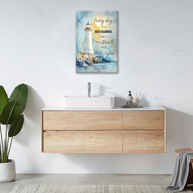 Ocean Lighthouse Pictures Wall Art, Coastal Nautical Bathroom Wall Decor Every Day is a New Beginning Motivational Quote Framed Painting Canvas Artwork for Bedroom Living Room Decorations 24"L x 16"W
