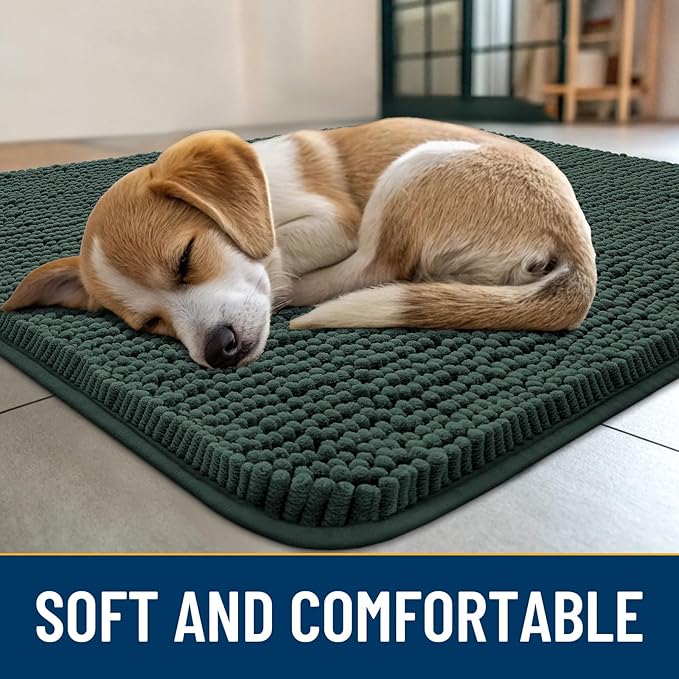 Smiry Dog Door Mat for Muddy Paws 47x32, Absorbs Moisture and Dirt Doormat, Non-Slip Washable Quick Dry Chenille Front Door Mat Indoor Entrance, Entryway Carpet for Inside Floor, Green