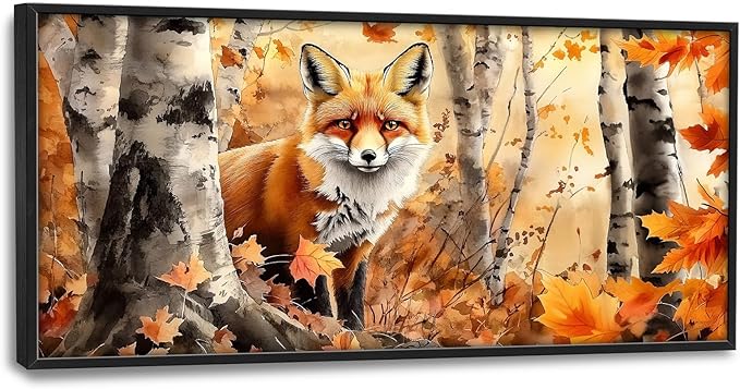Large Fox Wall Art for Living Room, Framed Oversized Fall Autumn Forest Wall Decor Tree Maple Leaves Canvas Painting Modern Artwork for Living Room Bathroom Bedroom Office Dining Room 60"x30"