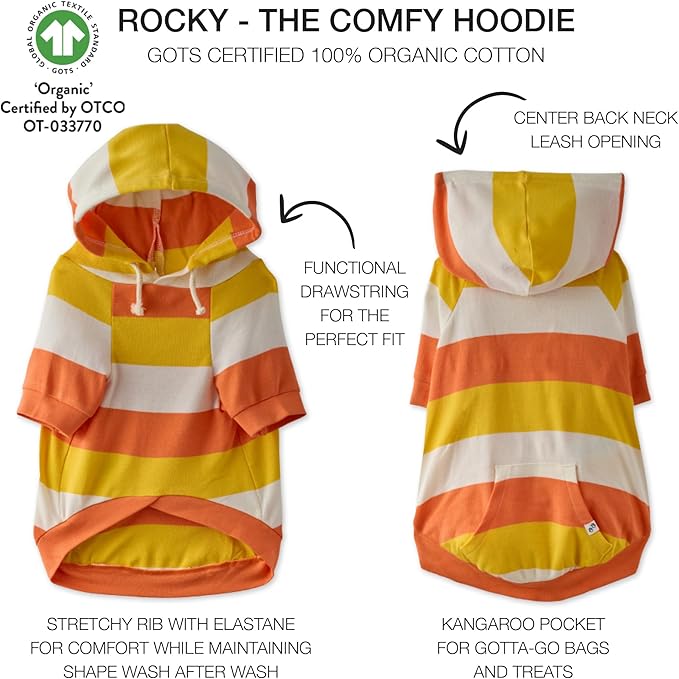 Rocky – The Orginal Lightweight Hooded TEE 100% Organic Cotton Dog Hoodie Pet Coat Sweater for Small, Medium, Large Dogs, Candy Corn, Medium