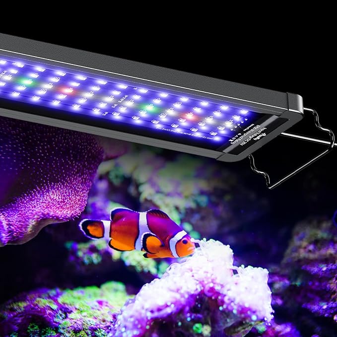 Pawfly 26W Saltwater Aquarium Light for 24" to 30" Fish Tanks Dimmable LED Reef Light for Coral Extendable Marine Fish Tank Light with Full Spectrum D/N Mode Timer Auto On/Off Adjustable Brightness