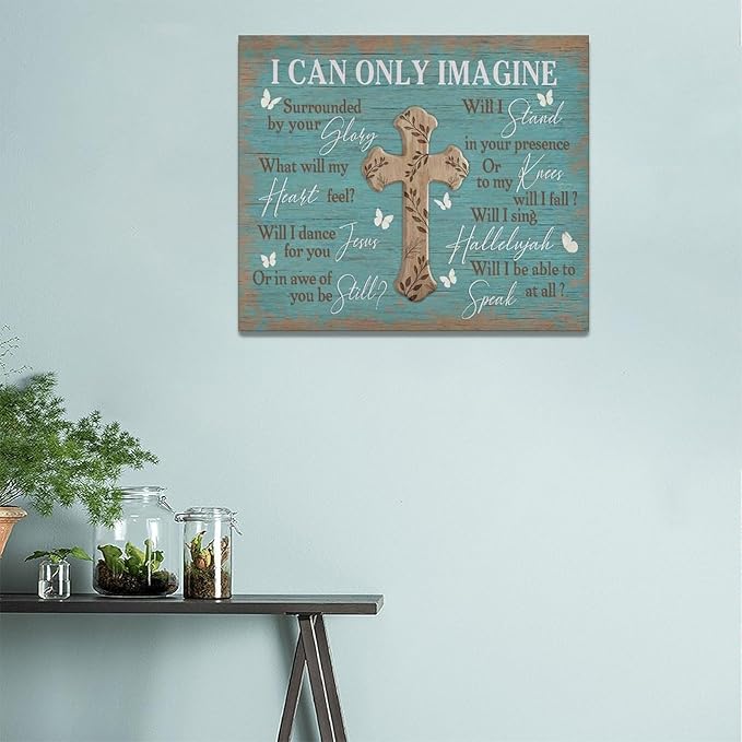 Rustic Christian Cross Wall Art I Can Only Imagine Pictures Farmhouse Butterfly Wall Decor Teal Motivational Canvas Print Painting Artwork for Bathroom Living Room Bedroom 20"x24"