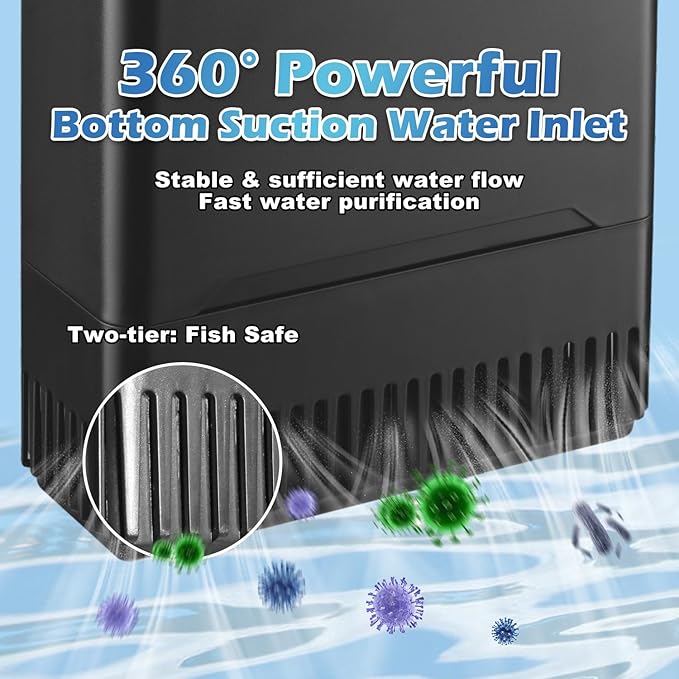 Turtle Tank Filter Aquarium Filter w/Detachable U-V Light for 30-75Gal, Waterfall Flow Adjustable Low Water Level Internal Green Clean Machine Killing Deodorization Saltwater Freshwater Crystal Clear
