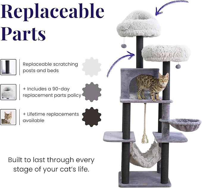 Catry Bradbury 7-Level 62.5” Modern Cat Tree with Replaceable Scratching Posts,Big Condo,Two Washable Beds, Two Hammocks,Quick Assembly, for Multi-Cat Homes(Cloud Gray)